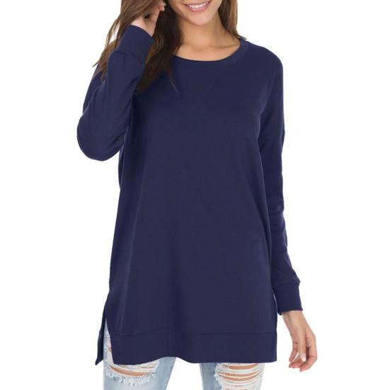 Damen-Oberteile, Rundhalsausschnitt, lange Ärmel, seitlich geteilter Saum, Pullover, Oberteile, einfarbig, lockere Passform, T-Shirt für den Alltag