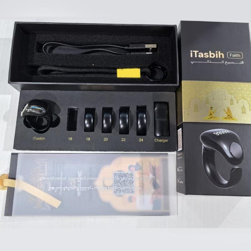 Intelligent Tasbih Rings With Digital Screen 5 Interchangeable Size Support Wireless Charging and Daily Prayer Reminders