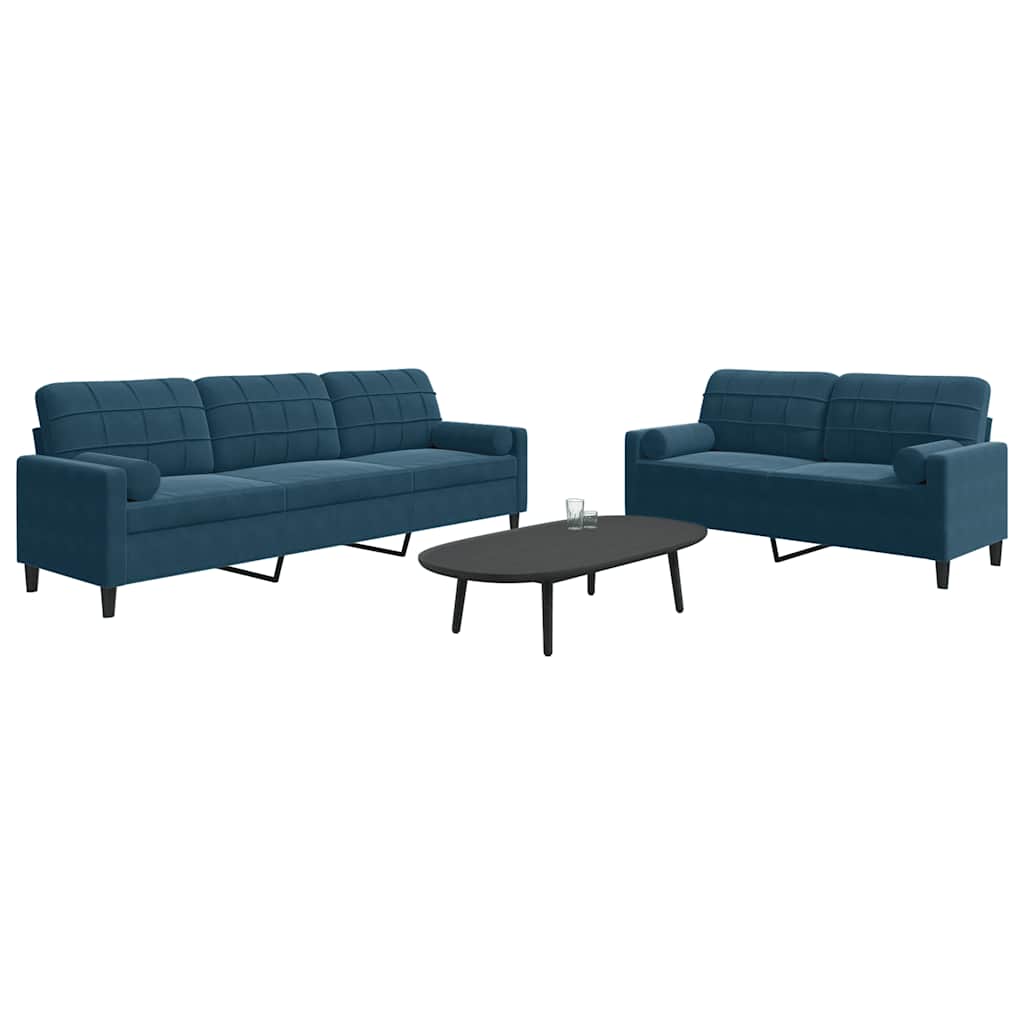 2 piece sofa set with cushions and neck rolls blue velvet