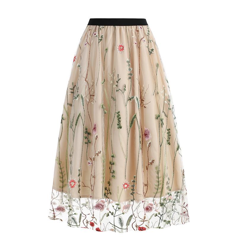 Vintage Mesh Flower Embroidered Skirt Elegant Sweet A-line Skirt for Spring Summer