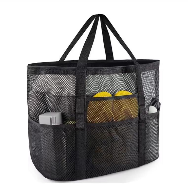 Mesh Beach Bag Multi-Pocket Organizer Handbag Shoulder Beach Bag Large-Capacity Portable Tote Bags For Vacation Organizing