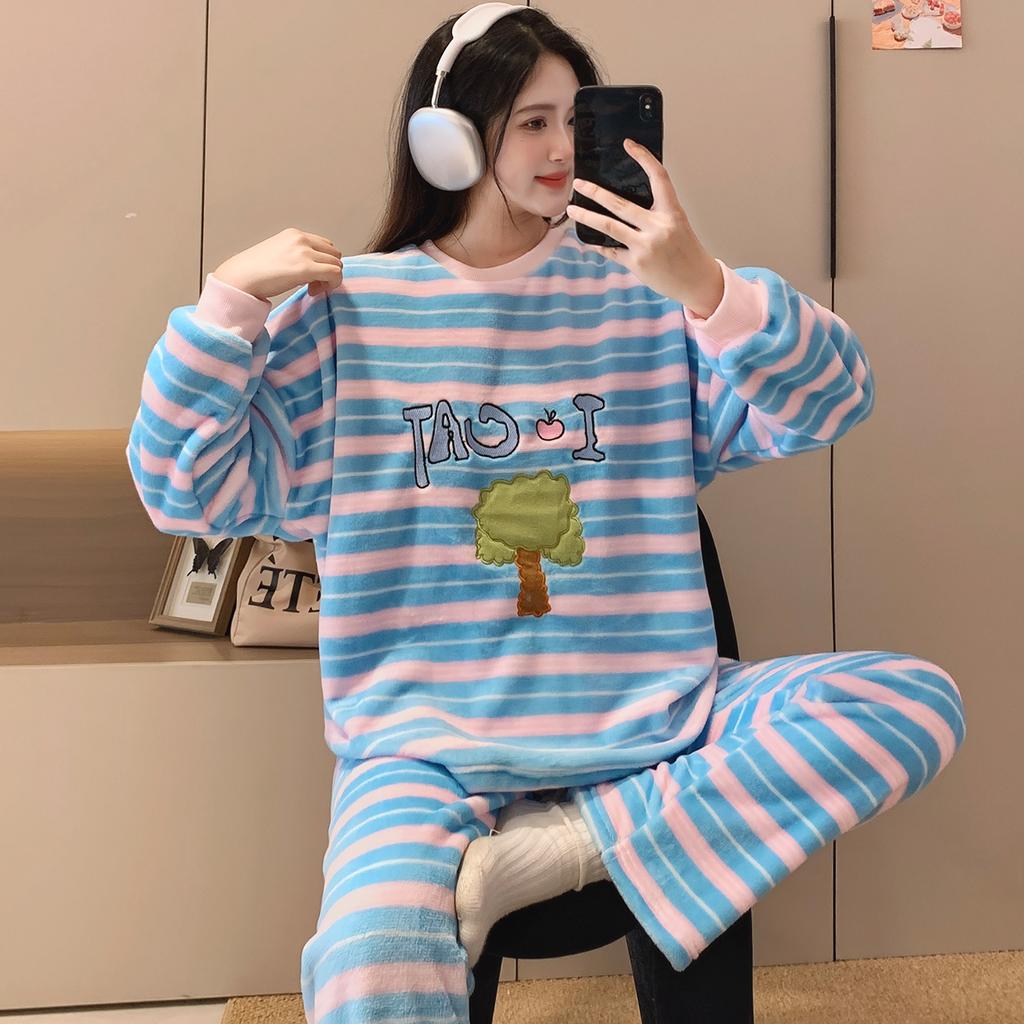 2025 Autumn Winter Warm Flannel Women Pyjamas Sets Thicken Coral Velvet Long Sleeve Cute Cartoon Sleepwear Flannel Pajamas Set for Young Girl