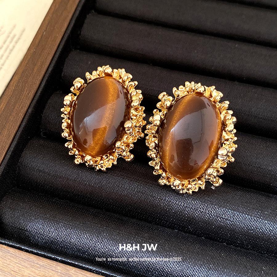 Silver Needle Oval Folded Tiger's Eye Earrings Maillard Vintage Court Style Earrings Light Luxury Premium Earrings Women