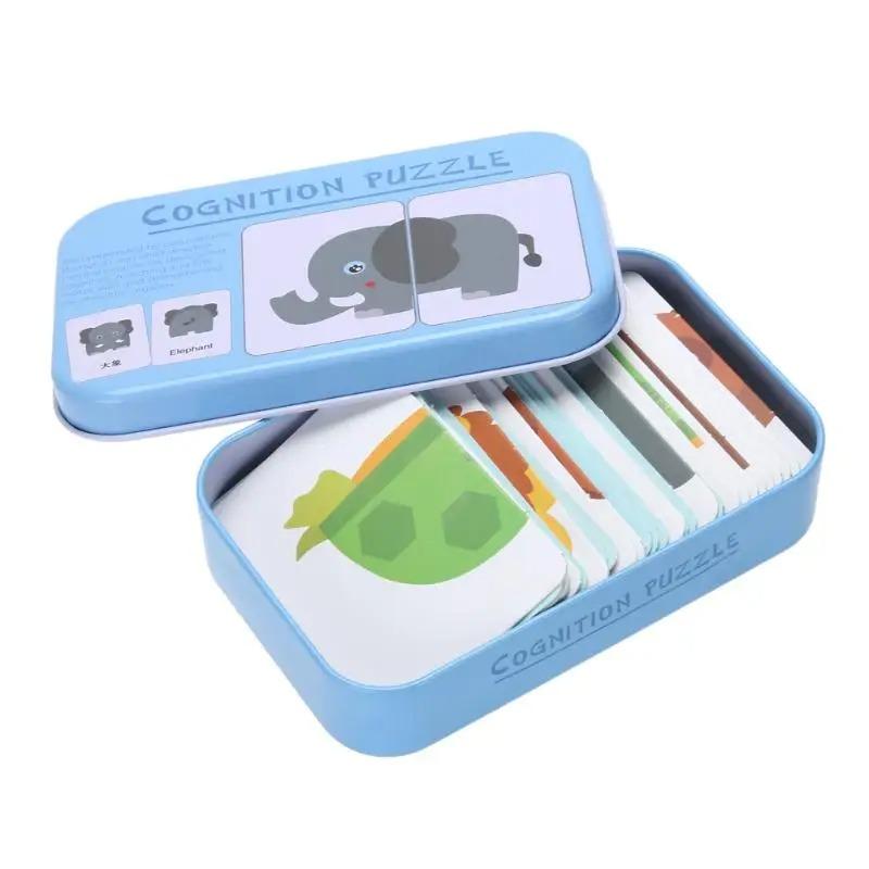 Montessori Puzzle Toy Baby Cognitive Cards Toys Cards Matching Game Kids Car Fruit Animal Life Puzzle Iron Box Learning Toy Gift