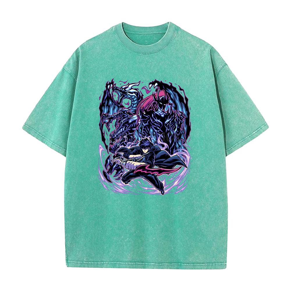 Anime Solo Leveling Sung Jin Woo Beru Print Washed Tee Men High Quality Cotton T-shirts Oversized T Shirt Harajuku Male Tshirt