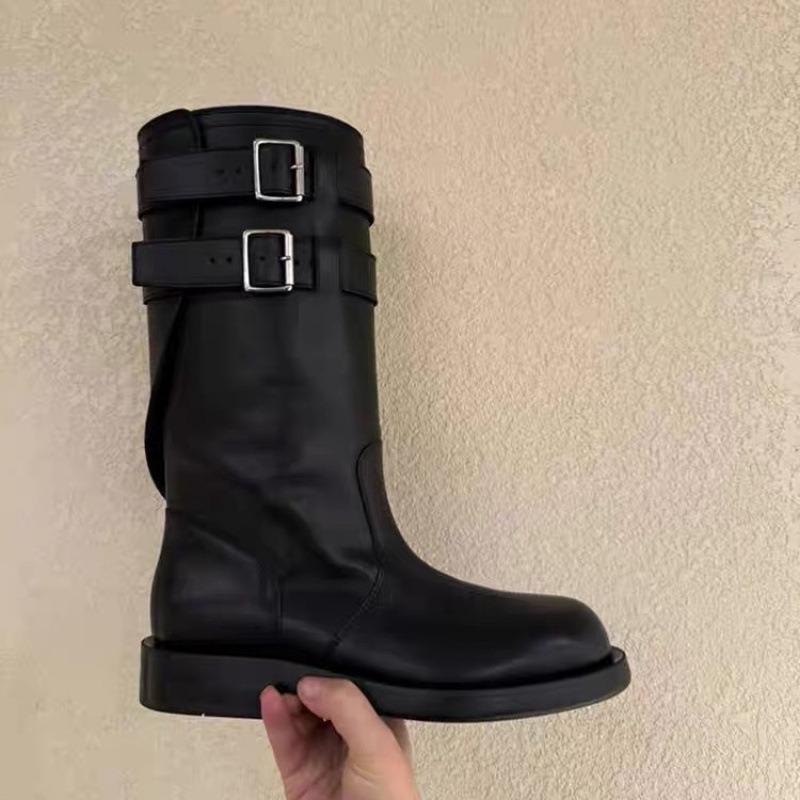 Sheepskin version~ New leather thick-soled medium boots women's belt buckle autumn new leather locomotive rider boots