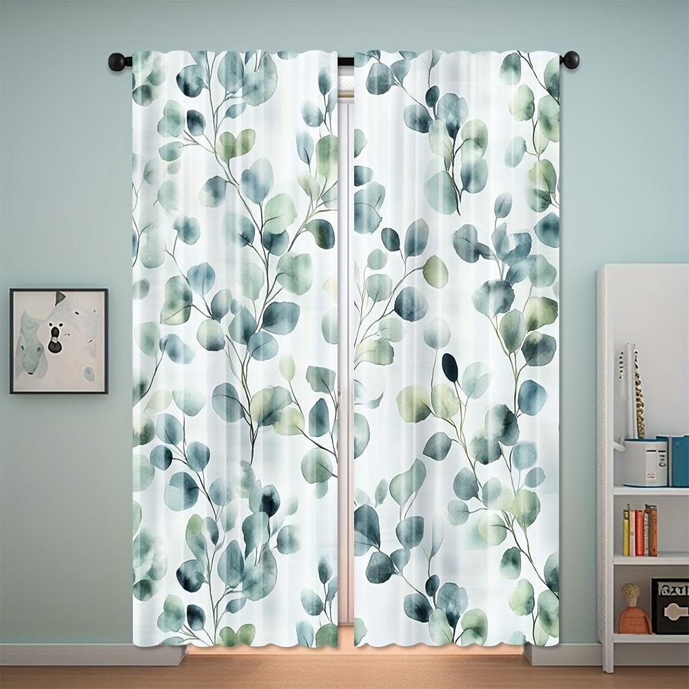 2-Pack Sage Green Eucalyptus Floral Curtains - Machine Washable, Polyester Fabric, Suitable for Bedroom, Living Room