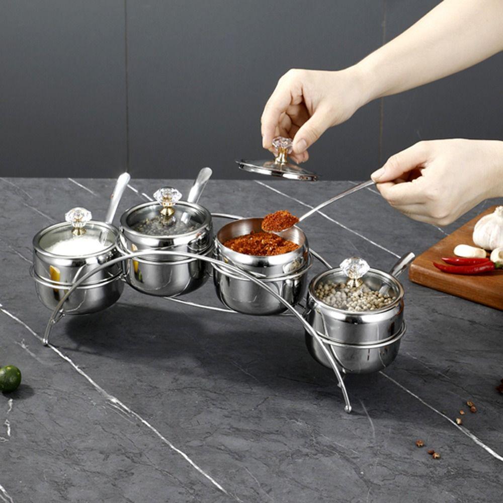 Stainless Steel Condiment Jar Set Light Luxury Spice Organizer Salt Storage Container Countertop
