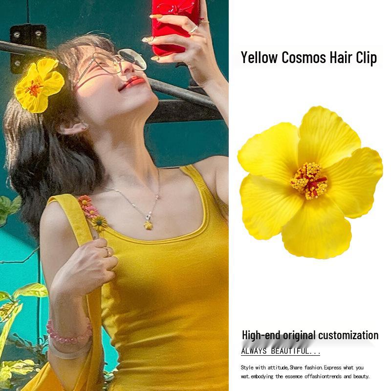 Yellow Frangipani Hibiscus Hair Clip - Tropical Beach Vacation Accessory