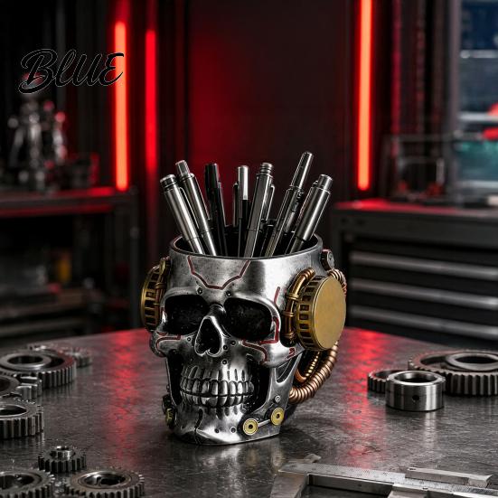 Skull Shaped Desk Accessory Pen Holder, Spooky Resin Makeup Brush Holder Multi-functional Desktop Organizer for Home Office, Halloween Decor
