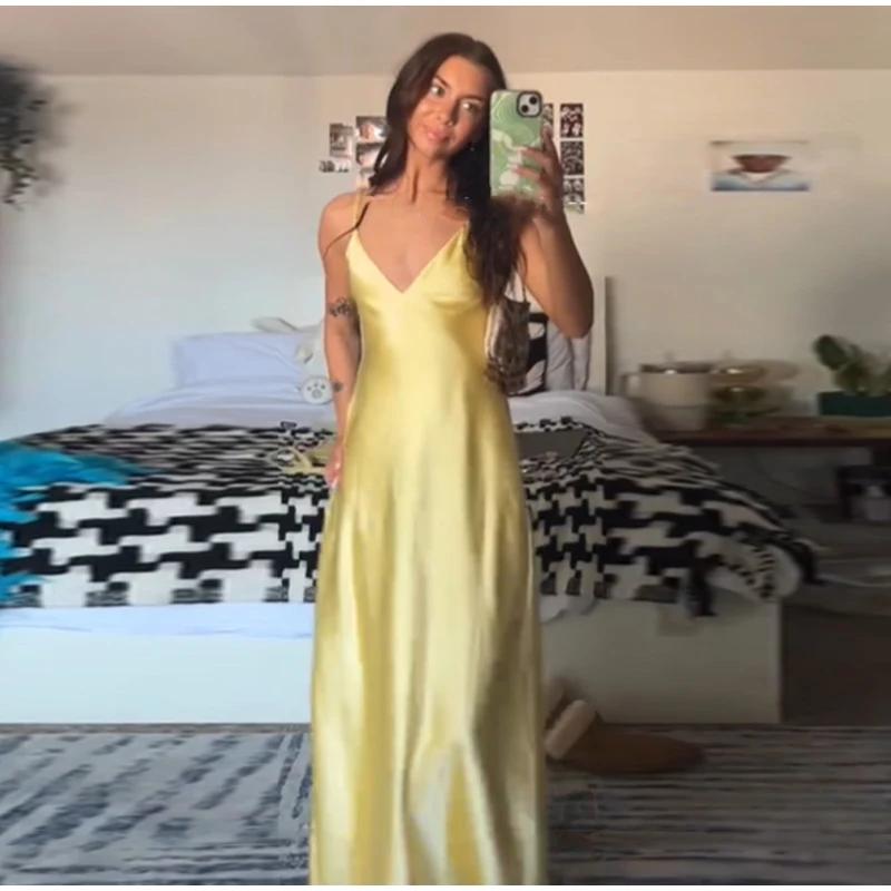 LYRIA Yellow Elegant Stain Women's Sling Dress Sexy Backless Sleeveless V Neck High Waist Evening Gown Summer Chic Lady Partywear 2025