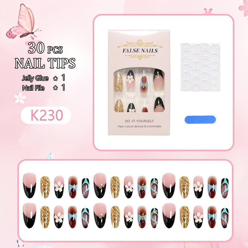 3D Floral Short Almond French Wearable Nails - Handmade Nail Art Tips