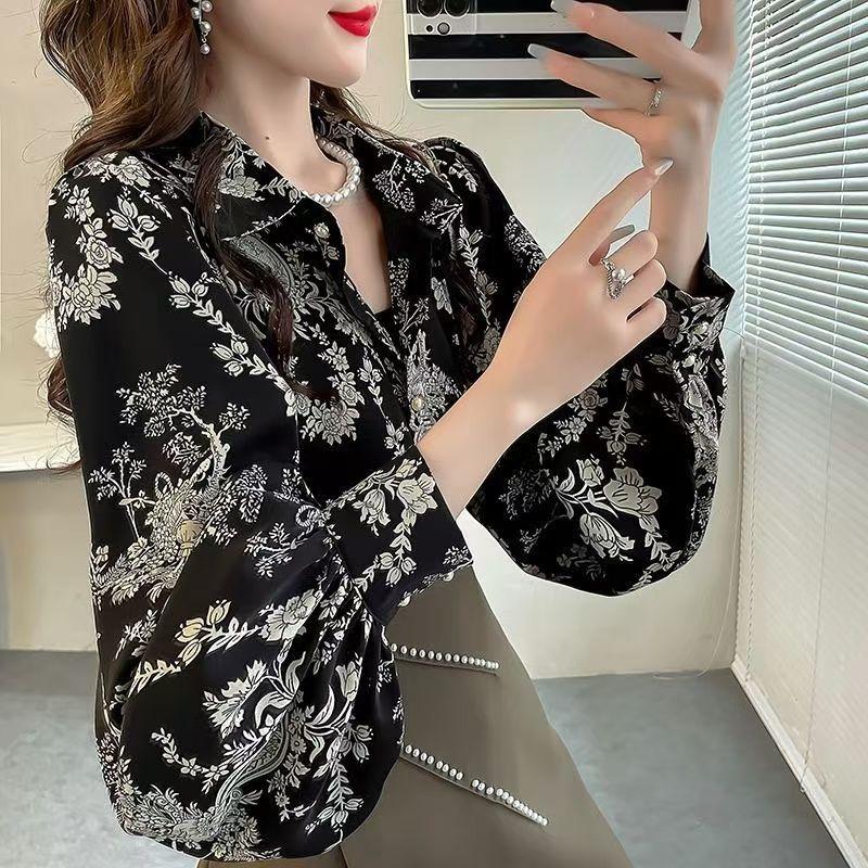 Retro Women's Printed Shirt Slim-fit Lantern Sleeve Floral Shirt Collared Chiffon Shirt Spring