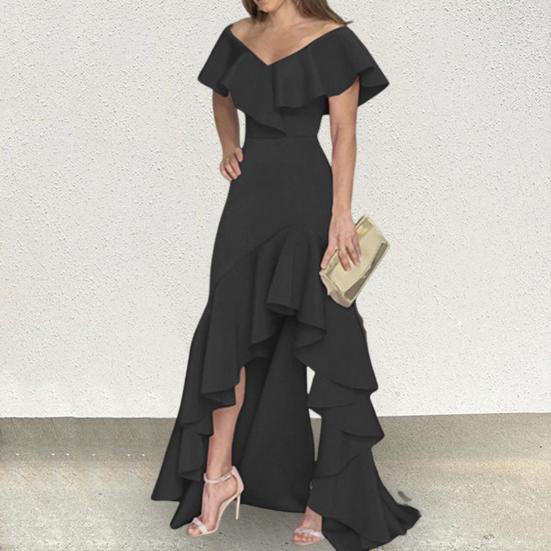 Women Evening Dress Ruffle Patchwork V Neck Slim Fit Irregular Hem Sleeveless Floor Length Pure Color Ball Gown Party Banquet Maxi Dress