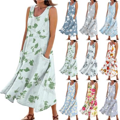 Damen Sommer Casual Fashion Blumen bedrucktes ärmelloses Taschenkleid