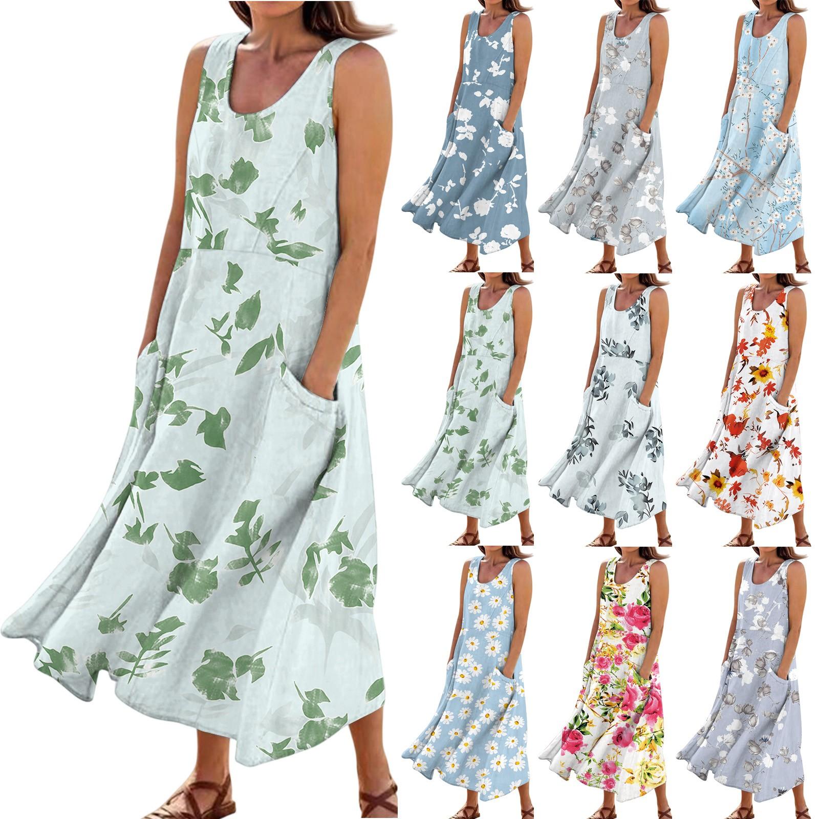 

Women s Summer Casual Fashion Flower Printed Sleeveless Pocket Dress M зелений