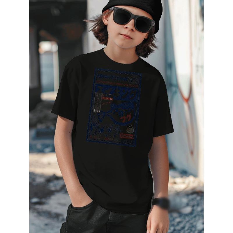Boys Crew Neck Short Sleeve T-Shirt with Creative Anime Graphic Print