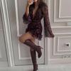 Vintage Dark Floral Chiffon Dress Women's Deep V-Neck Long Sheer Bell Sleeve Dress with Ruffle Hem Slim Fit Mini Dress Casual Wear Romantic Occasions
