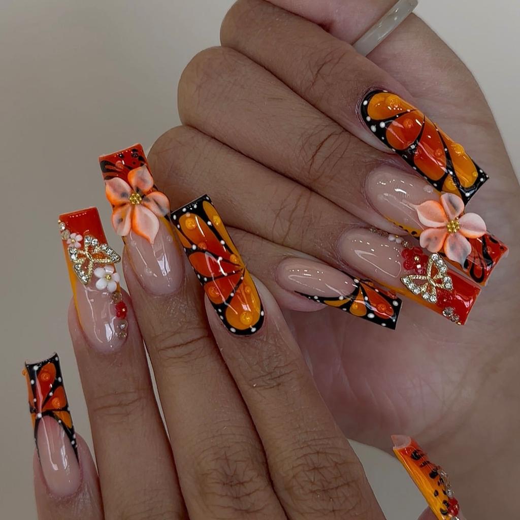 24Pcs Sweet Medium Square False Nails with Glue Blush Pink Flowers Fake Nails Full Cover French Acrylic Press On Nails for Girls
