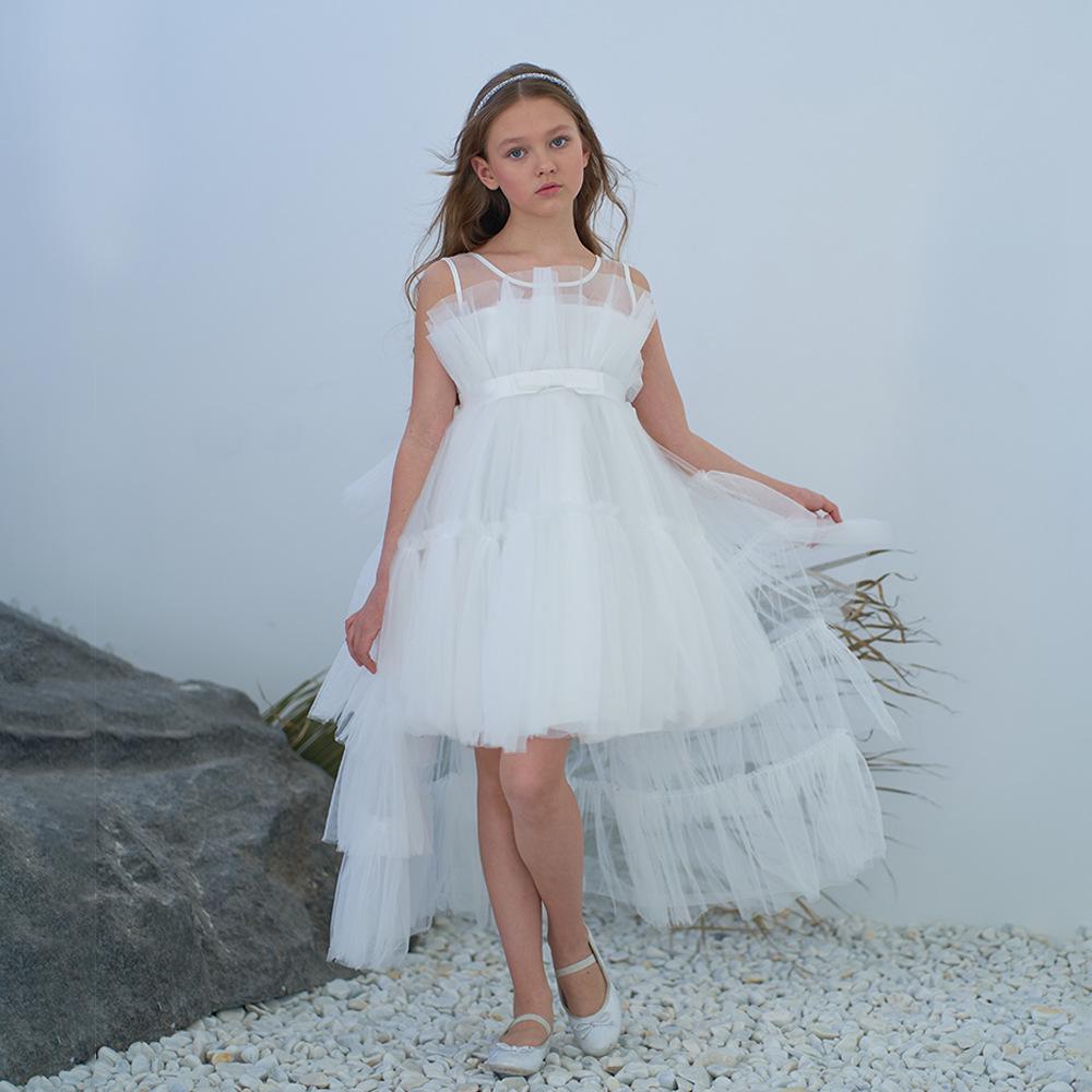Girls' Princess Layered Puffy Train Gown for Piano Performances & Runway