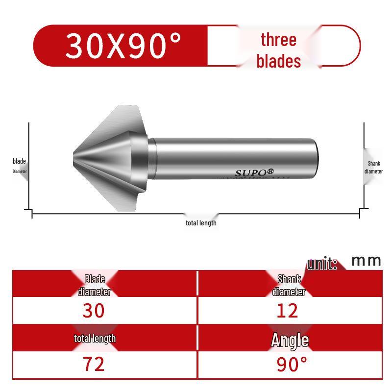 M35 Cobalt Countersink, Straight Shank, Single-Edge, 3-Flute, 90° Deburring Tool