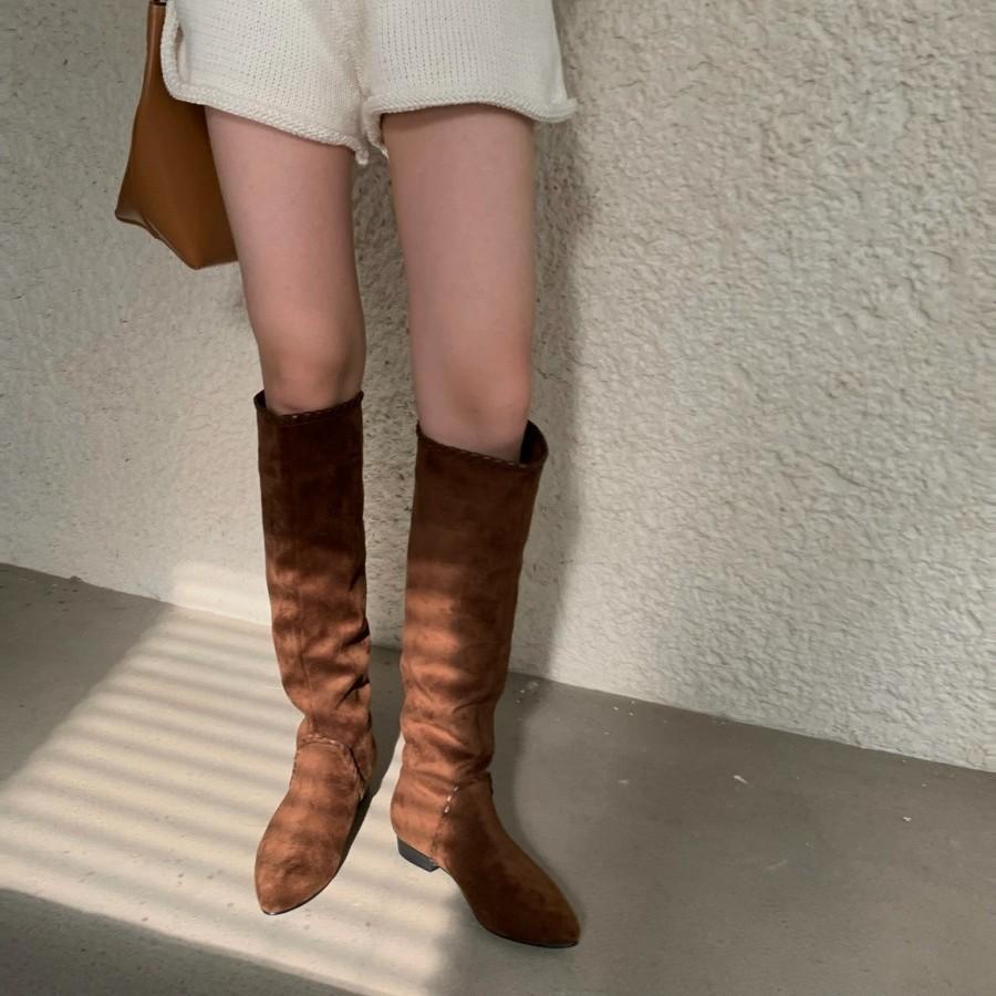 Fashion cowhide tall lazy stack boots autumn and winter new retro Maillard western knight boots women