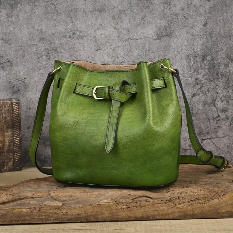 Johnature Retro Bucket Bag Handmade Genuine Leather Large Capacity Versatile Women's Shoulder Bag