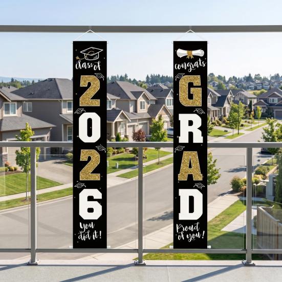 1 Pair 2026 Graduation Decoration Class of 2026 Congrats Grad Door Sign Indoor Outdoor Front Door Porch Hanging Banner for Graduation Party
