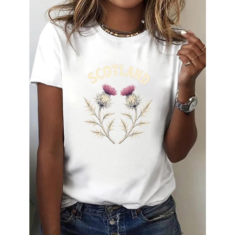 Womens Scotland Thistle Print Short Sleeve Crew Neck Summer Casual Tee