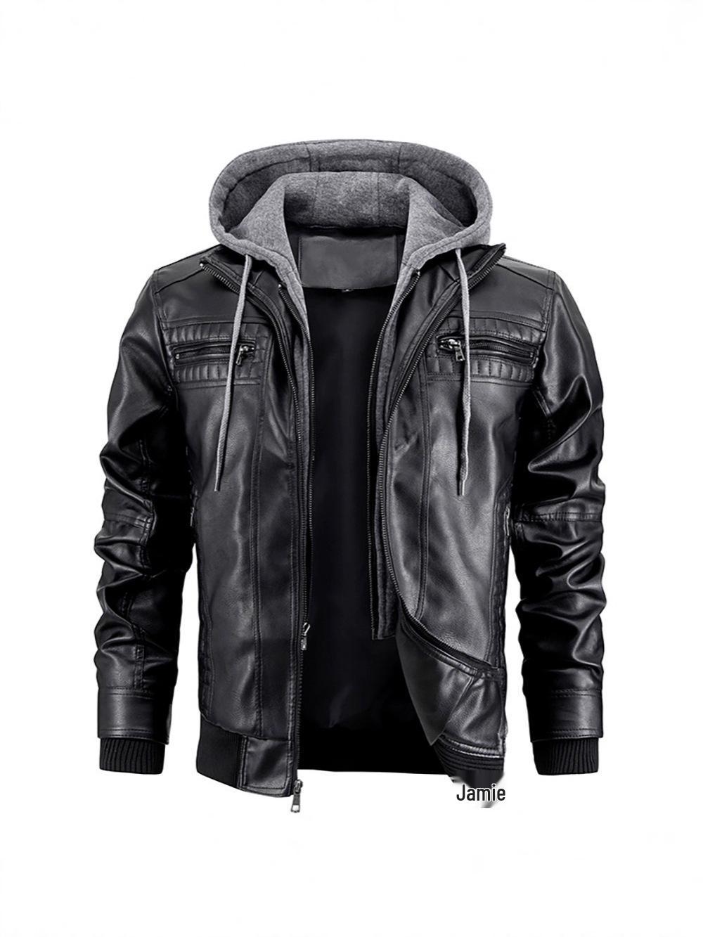 Men`s PU Leather Hooded Jacket -