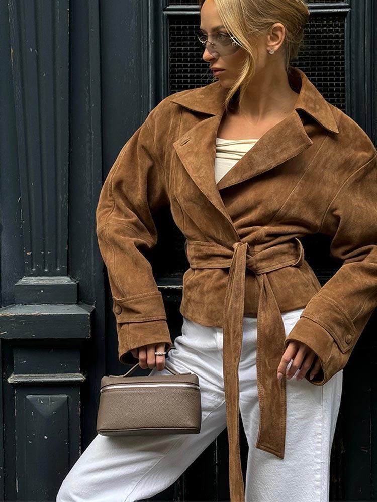 European and American Retro Autumn Suede Tie-Waist Coat with Turn-Down Collar