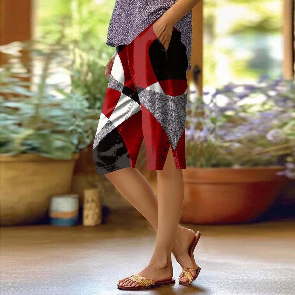 Women's Printing Pants Fashionable Pocket Elastic Waist Casual Shorts