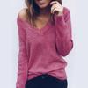 Winter Chic Lady Solid Color V Neck Long Sleeve Casual Pullover Knitted Blouse