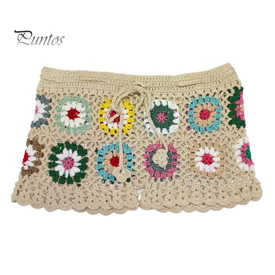 Women Crochet Beach Shorts Hollow Out Colorful Print Super Short Drawstring Elastic Waist High Waist Slim Fit Vacation Bikini Shorts