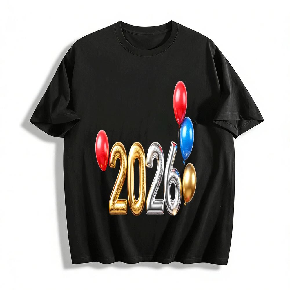 2026 New Year Themed Hot Stamping Print Casual Unisex Commemorative T-shirt Pure cotton T-shirt XXS