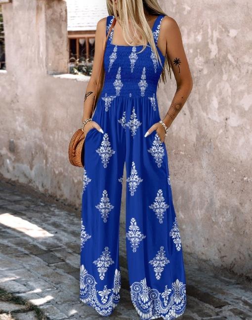 Summer Women's Woven Position Printing Halterone-piece Overall Pants with Pockets Wide-leg Pants