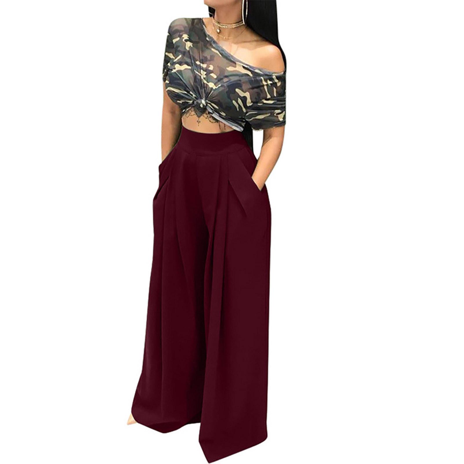 

Women Fashion Plus Size Soild High Waist Flared Wide Leg Pocket Casual Pants XXXL винний