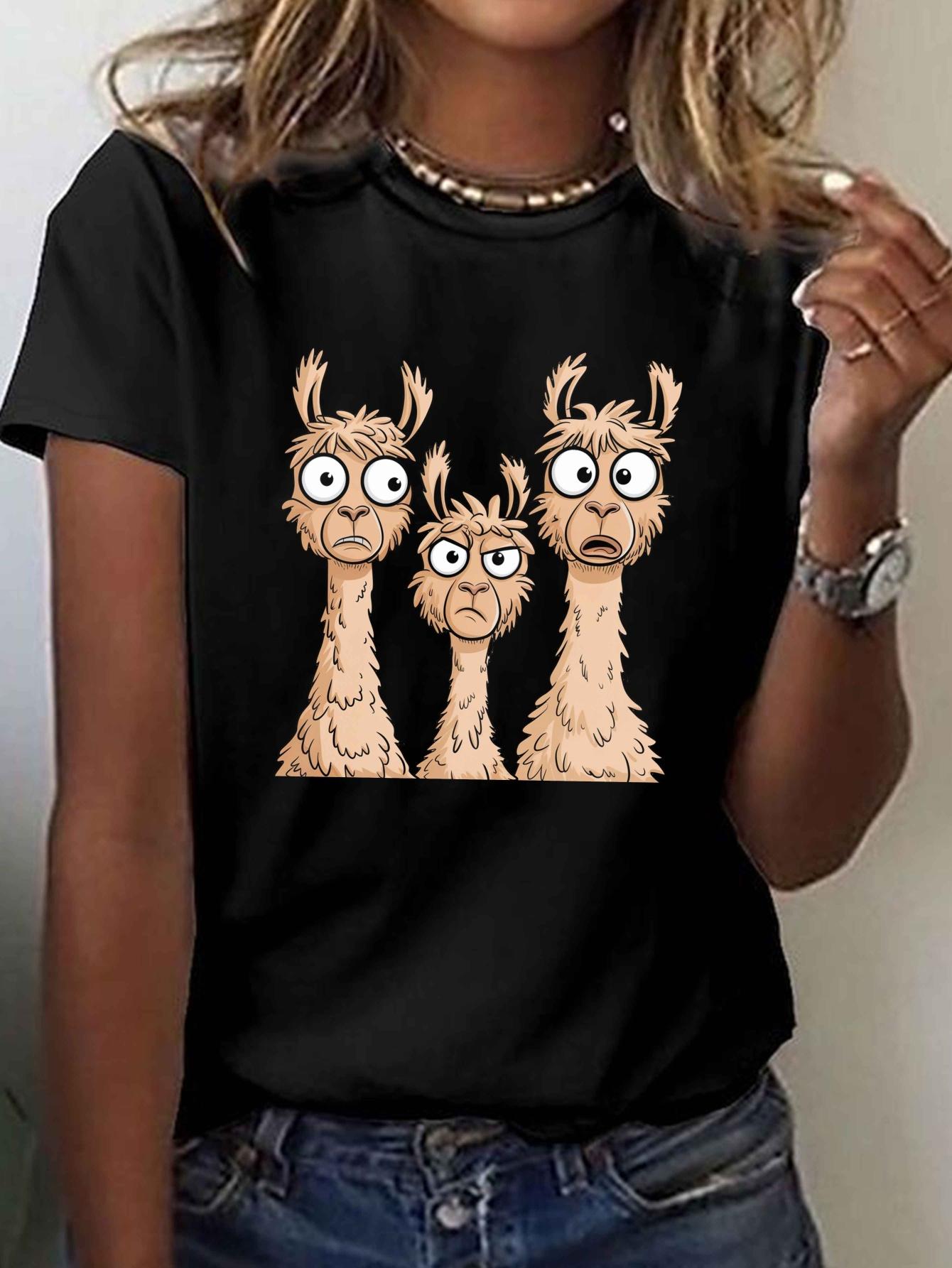 Damen Lustige Alpakas Cartoon Print T-Shirt Lässig Rundhals Kurzarm Damen Sommer Frühling Oberteil T-Shirt Kleidung M beige