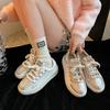 Lightning hair~ 2025 spring satin lace-up casual shoes 4.5cm thick baseplate shoes round head lace-up white shoes