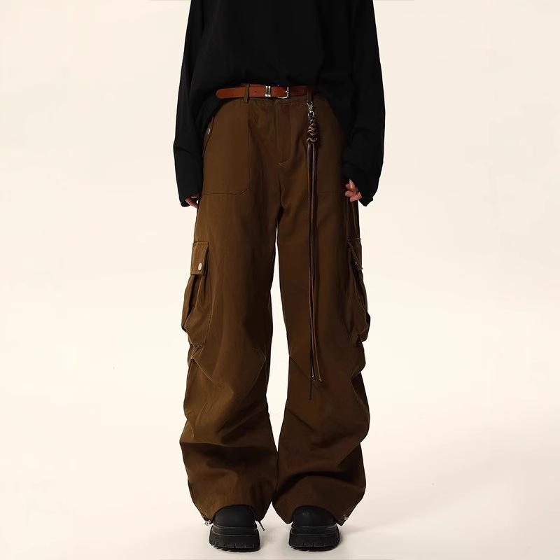 American Retro Maillard Brown Unisex Paratrooper Overalls - Autumn Loose Straight Wide-Leg Casual Pants