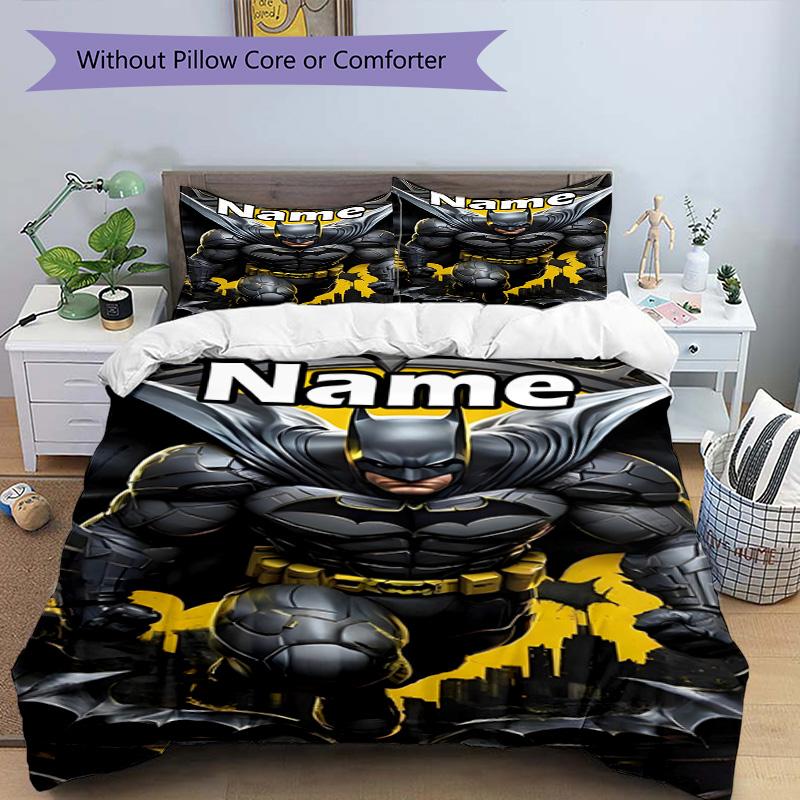 3pcs Duvet Cover Set (1*Duvet Cover + 2*Pillowcase, Without Core), Custom Name Batman Pattern Bedding Set, Home Bedroom Decor Gift