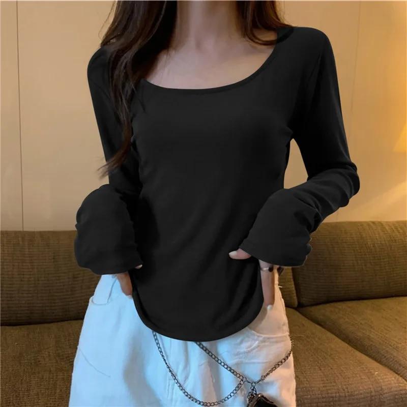 Nová nepravidelná elegantní trička s dlouhým rukávem ženy s čtvercovým límcem ležérní štíhlý top dámský elegantní vintage streetwear pevná trička