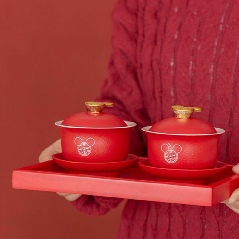 

Chinese Red Ceramic Tea Set Gaiwan Handmade Tea Bowl Wooden Tray Household Wedding Teaware Sets Accessories Luxury Gifts
