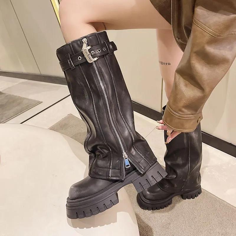 Knight Women Mid Calf Boots Chunky High Heeled Platform Punk Motorcycle Long Booties Goth Street Shoes for Women