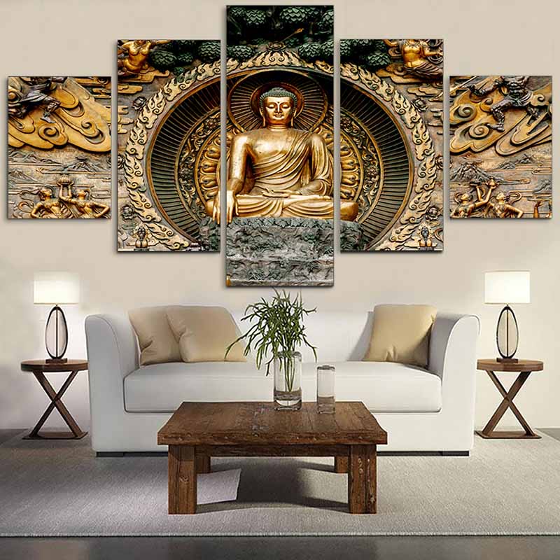 Cheap 5 Pieces Abstract Golden Buddha Statue Canvas Painting Portrait ...