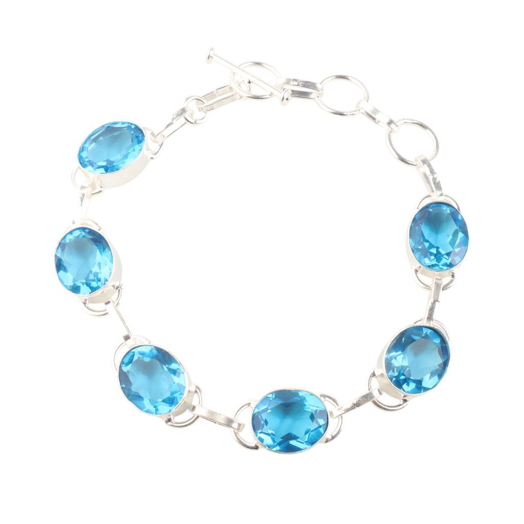 Swiss Blue Topaz Gemstone 925 Sterling Silver Gift Jewelry Handmade Bracelet 8" RB-10-3