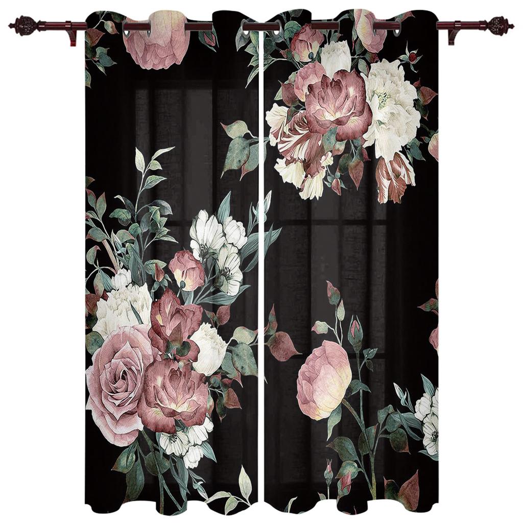 Flowers Bloom Turquoise Plants Roses Window Curtain For Living Room Bedroom Luxury Home Kitchen Decor Items Curtains