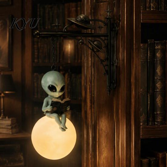 Modern Home Shelf Accent Alien Reading on Moon Hanging Lamp, Resin Bookshelf Light, Gift for Space Lovers Warm LED Night Light Decor Patio Garden