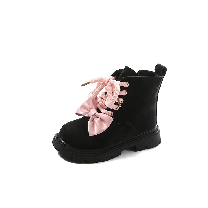 2024 Children Leather Shoes for Girls Winter New Fashion Korean Style Sweet Bowtie Soft Sole Anti-slippery Versatile Short Boots