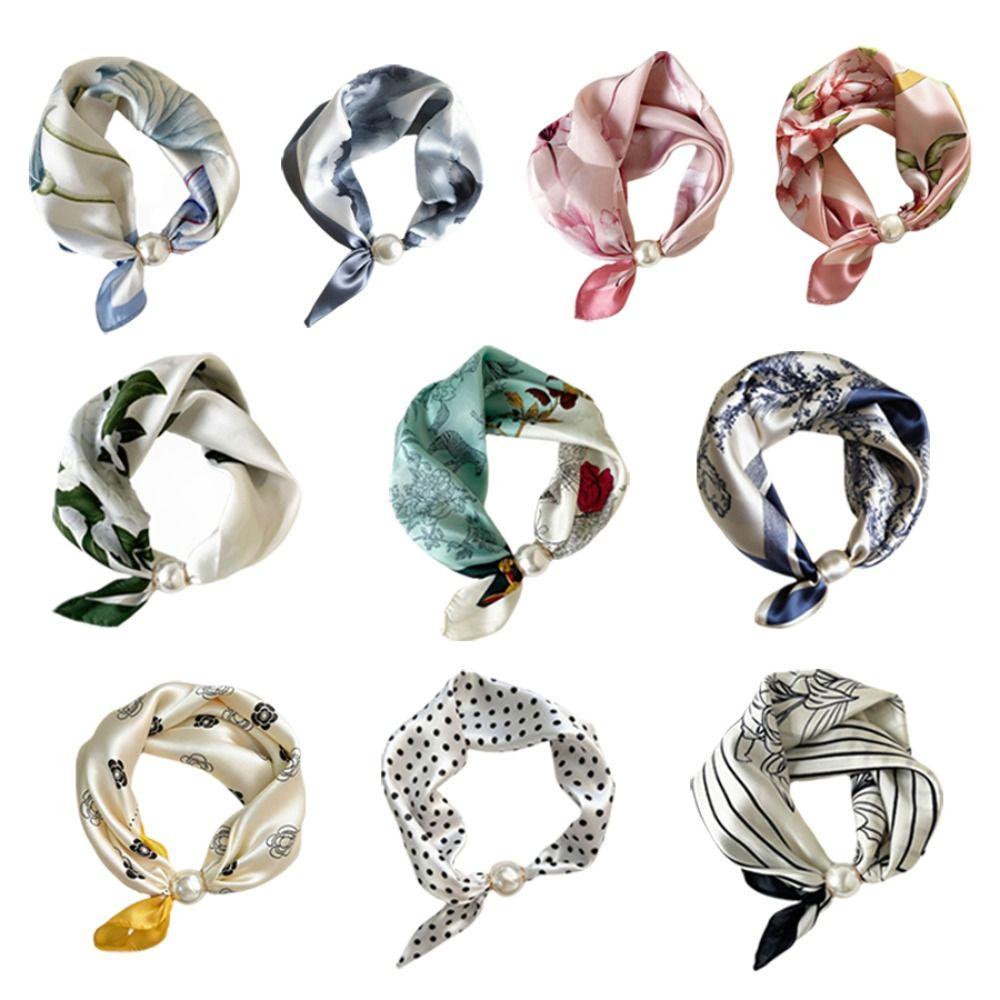 Breathable Silk Scarf Lightweight Printed Neck Scarf Elegant Pearl Buckle Scarf  Women